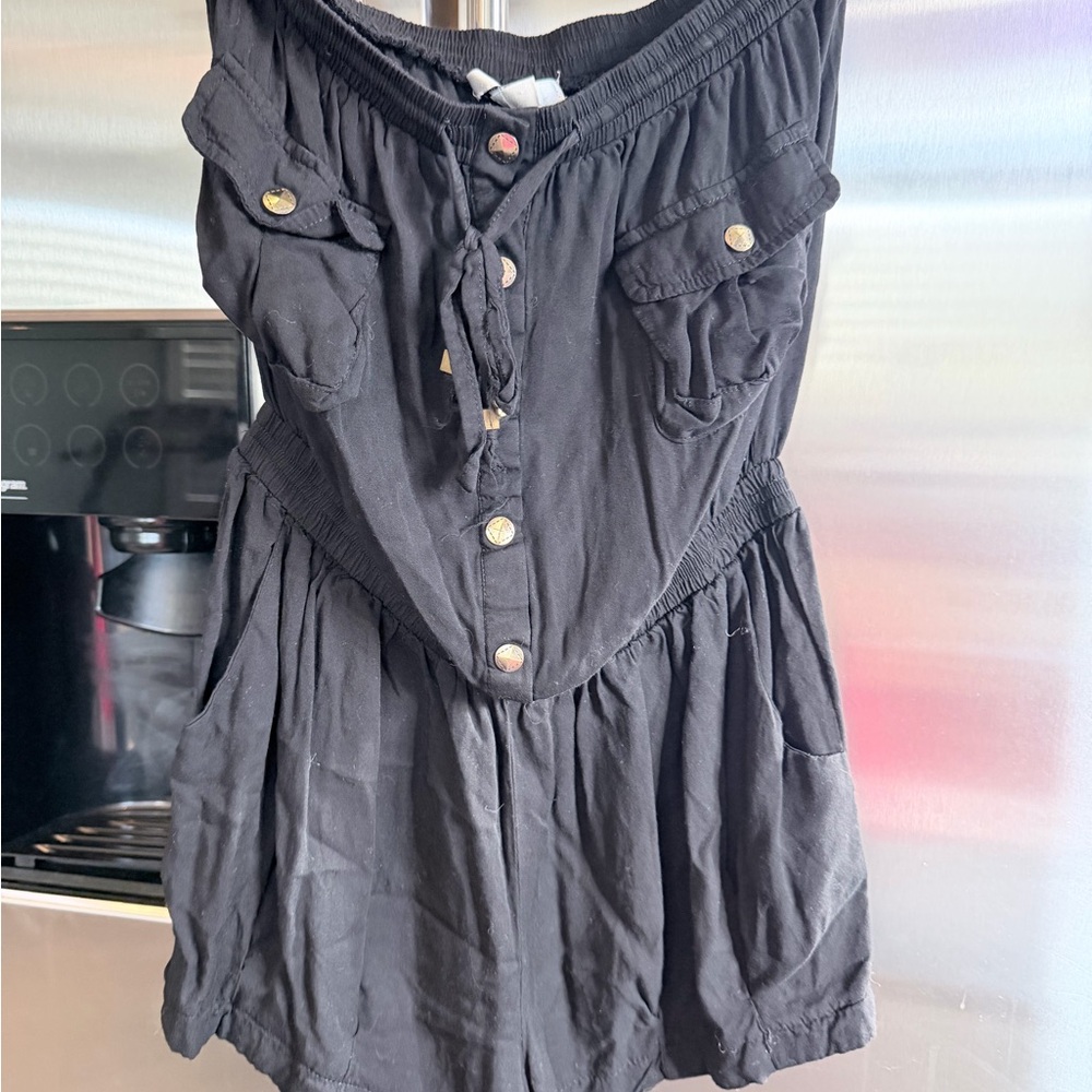 Papaya Black Strapless Romper with Metal Buttons